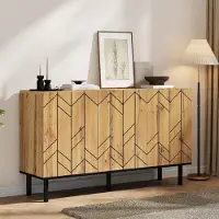 MODFU - Dressoir - 3 Deuren - Wellenpatroon - Naturel Houtkleur - Zwarte Metalen Poten - 120 X 35 X 70 Cm