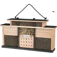 WONDERMAKE® design houten insectenhotel met 7 kamers en terras, bijenhotel groot hangend nesthulpmiddel voor wilde bijen, 48 x 10,5 x 27 cm, bruin zwart