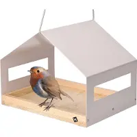 WONDERMAKE® Groot design vogelhuis van metaal en hout weerbestendig om op te hangen, moderne vogelvoeder XL metalen dakophanging, vogelhuisvoeder voor vogels, roestvrij staal grenen, grijsbeige