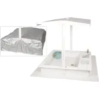 WONDERMAKE® Design zandbak met modderkeuken, dak, deksel OXFORD 420D, vliesfolie, vierkante houten zandbak afsluitbaar buitentuin voor kinderen, wit zilver