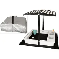WONDERMAKE® design zandbak met modderkeuken, dak, deksel OXFORD 420D, vliesfolie, zandbak houten vierkant afsluitbare buitentuin voor kinderen, zwart en wit