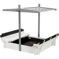 WONDERMAKE® Design houten zandbak met dak, deksel en bankje, kinderzandbak met scharnierend deksel, UV-zonbescherming, vierkante zandbak voor tuin en buitenspeelplaats, 120x120 cm, wit, grijs, zwart