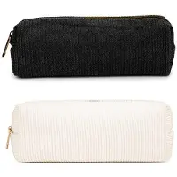 Benza Ibenzoa Pennenzak-set, 2 stuks – Corduroy en canvas etuis, 21x7x6 cm, ruimte voor 40+ pennen, met rits, zwart/beige, geschikt voor school en kantoor