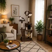 Belviona kattenboom, klimboom voor katten met hol, hangmat, trap en ligplatform, 133 cm, bruin/beige