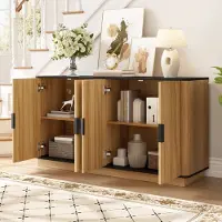 OKWISH Dressoir – 139×40×75 cm – 4 Deuren – Gesloten Opbergruimte Voor Woonkamer Hal Eetkamer – Moderne Golfstructuur – Spaanplaat Naturel