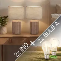 Briloner Ino- Set van 2 Tafellampen incl. led lampen - met stoffen kap & keramik voet - bedlamp slaapkamer - h: 37.5 cm - bruin
