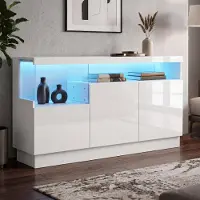 MODFU Dressoir met hoogglanzende afwerking en LED-vitrine, bijzetkast wit met open displayruimte en drie deuren, 140x36x80 cm