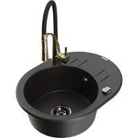 Mexen Kevin granieten spoelbak met 1 bak en afdruiprek en keukenmengkraan Aster, zwart/goud metallic - 6517-75-73450-57-B