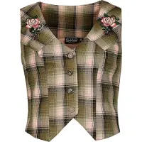 Voodoo Vixen - Rockabilly Bodywarmer - Plaid Flower Embroidered Western Vest - XS tot XXL - voor Vrouwen - groen-roze | Maat XL