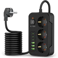 Tech-Protect - Stekkerdoos met 3 USB C en 3 USB A - Aan/Uit Schakelaar - 3 Stopcontacten - Zwart