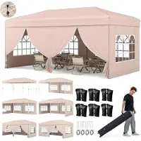Costway Paviljoen 3x6m, opklapbaar partytent met metalen frame, 6 zijwanden, 6 zandzakken, windtouwen, grondpennen en een draagtas op wielen