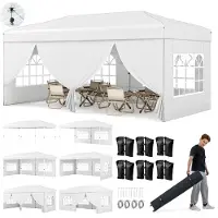 Costway Paviljoen 3x6m, opklapbaar partytent met metalen frame, 6 zijwanden, 6 zandzakken, windtouwen, grondpennen en een draagtas op wielen
