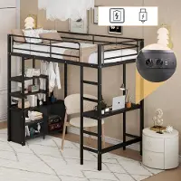Sweiko hoogslaper, 90x200 cm, zonder matras, bed met bureau, met stopcontact en USB-poort, meerdere planken, open opbergkast, leuning, ladder, ijzeren frame, zwart