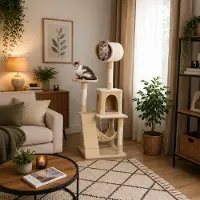 Belviona kraboom voor katten, klimboom met hol, hangmat, trap en ligplatform, 133 cm, beige