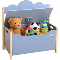 Coemo Speelgoedkist met Bankje, Houten Kist Grijs TRUDI 60×26×55 cm – Kinderkamerbankje met Opbergruimte, Speelgoedkist met Veiligheidsscharnier, Kindvriendelijke Zithoogte, Decoratief Wolkendesign