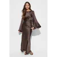 Gina Tricot  - Satin wide sleeve maxi dress - satijnen jurken - Bruin - 36 - Dames