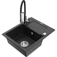 Mexen Enzo granieten gootsteen 1-komorige met afdruiprek en keukenmengkraan Aster, zwart/zilveren metallic - 6506-73-73450-07