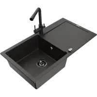 Mexen Leo granieten spoelbak 1-komoors met afdruiprek en keukenkraan Duero, zwart/gouden metallic - 6501-75-671600-70-B