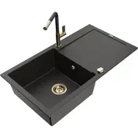 Mexen Leo granieten spoelbak 1-kamerig met afdruiprek en keukenkraan Flora, zwart/gouden metallic - 6501-75-670401-57-G