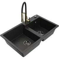 Mexen Tomas granieten gootsteen met 2 kamers en Aster keukenmengkraan, zwart/zilver metallic - 6516-73-73450-57-B