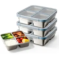 Snq 3 Stuks Roestvrijstalen Snackbox Met 4 Vakken Broodtrommel Roestvrij Staal Broodtrommel Voor Kinderen Met Deksel Herbruikbaar BPA-Vrij - Lekvrij - Bento Box - Metaal - Voor Onderweg