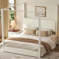 HAUSS SPOLE Hemelbed 180x200cm - Gestoffeerd Bed Met Gevoerd Hoofdbord - Zonder Matras - Modern Slaapkamerbed Van Fluweel En Metaal - Beige Wit