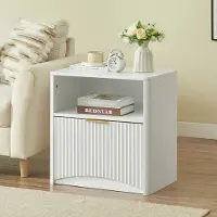 OKWISH Nachtkastje – Geribbeld Design Met Lade En Opbergvak – 58x38x60 cm – Voor Slaapkamer En Woonkamer – Spaanplaat Wit