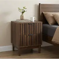 OKWISH Nachtkastje – Lattenfront Met 2 Laden – 45 x 39 x 56,5 cm – Voor Slaapkamer en Woonkamer – MDF Walnoot
