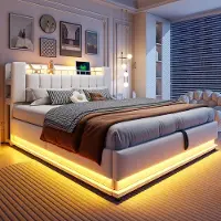 HAUSS SPOLE Gestoffeerd Bed 180x200 cm - met LED en USB - Hydraulische Opbergruimte en Hoofdbordopbergruimte - MDF/Metaal Bekleed - Beige - Zonder matras