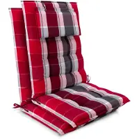 Beautissu Sun-HL – Set van 2 Premium Hoge Rugleuning Stoelkussen 120x50 cm – UV-bestendig – 8cm Dik – met Hoofdkussen & Bevestigingsbanden – Antislip – Rood Gestreept