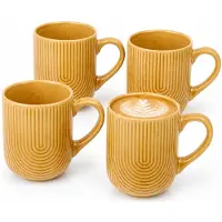 Secret De Gourmet koffie mok Memphis - 4x stuks - okergeel - 300 ml - drink mokken - keramiek - met stijlvol motief