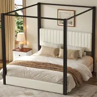 HAUSS SPOLE Hemelbed 180x200cm - Gestoffeerd Bed Met Gepolsterd Hoofdbord - Zonder Matras - Modern Slaapkamerbed Van Fluweel En Metaal - Beige Zwart