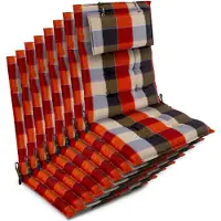 Beautissu Sun-HL - Set van 8 Premium Hoge Rugleuning Kussen met Hoofdkussen 120x50 cm – UV-bestendig & 8cm Dik Kussen Tuinstoelkussen Antislip Bevestigingsbanden – Stevige Stof Oranje Beige geblokt