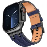 Strap-it Denim leren bandje geschikt voor 1/2/3/4/5/6/7/8/9/10/11/SE/SE2/SE3/Ultra (2/3) - Maat: 44/45/46/49mm - Blauw/Zwart