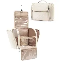 COOAU Dames reistoilettas, grote make-uptas met haken, toilettas met regenhoes, reisaccessoires, gebroken wit