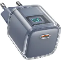 Acefast Sneloplader voor stopcontact, 30W, GaN, USB-C, met display, grijs