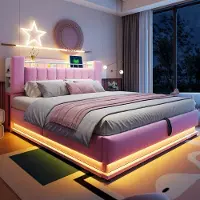 HAUSS SPOLE Gestoffeerd Bed 180x200 cm - Met LED, USB-Poorten En Hydraulische Opbergruimte - Met Metalen Lattenbodem - Fluweel - Roze - Zonder Matras