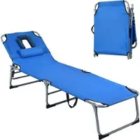 Markenlos Zitmeubel met hoofdsteun, inklapbare strandstoel, ligbed met 5 verstelbare rugleuningen, tuinstoel voor tuin, strand, 194 x 60 x 36 cm (blauw)
