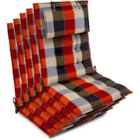 Beautissu Sun-HL - Set van 5 Premium Hoge Rugleuning Kussen met Hoofdkussen 120x50 cm – UV-bestendig & 8cm Dik Kussen Tuinstoelkussen Antislip Bevestigingsbanden – Stevige Stof Oranje Beige geblokt