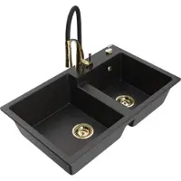 Mexen Tomas granieten spoelbak met 2 koen en keukenmengkraan Aster, zwart/zilver metallic - 6516-73-73450-57-G