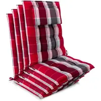 Beautissu Sun-HL – Set van 4 Premium Hoge Rugleuning Stoelkussen 120x50 cm – UV-bestendig – 8cm Dik – met Hoofdkussen & Bevestigingsbanden – Antislip – Rood Gestreept