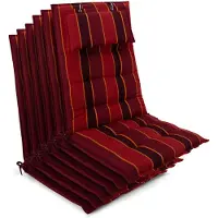 Beautissu Sun-HL – Set van 6 Premium Hoge Rugleuning Stoelkussen 120x50 cm – UV-bestendig – 8cm Dik – met Hoofdkussen & Bevestigingsbanden – Antislip – Rood Antraciet Gestreept