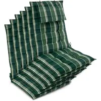 Beautissu Sun-HL - Set van 6 Premium Hoge Rugleuning Kussen met Hoofdkussen 120x50 cm – UV-bestendig & 8cm Dik Kussen Tuinstoelkussen Antislip Bevestigingsbanden – Stevige Stof Groen geblokt