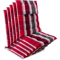 Beautissu Sun-HL - Set van 5 Premium Hoge Rugleuning Kussen met Hoofdkussen 120x50 cm – UV-bestendig & 8cm Dik Kussen Tuinstoelkussen Antislip Bevestigingsbanden – Stevige Stof Rood gestreept