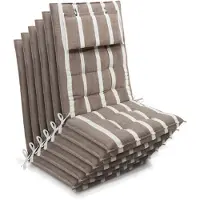 Beautissu Sun-HL – Set van 6 Premium Hoge Rugleuning Stoelkussen 120x50 cm – UV-bestendig – 8cm Dik – met Hoofdkussen & Bevestigingsbanden – Antislip – Beige Wit Gestreept