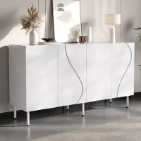 STILVORA Dressoir - Greeploos Met Golvende Deuren En Opbergruimte - Voor Woonkamer En Hal - MDF En Spaanplaat - 140x40x77,5 Cm - Wit