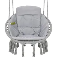 Vita5 Macramé Hangstoel - Voor Binnen en Buiten - Zonder Standaard - Incl. Kussen, Boekenvak en Beschermhoes - Tot 150kg - Grijs