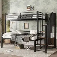 OEM Kinderbed, hoekladderkast, ijzer + MDF, zwart + vintage hout, 90x200 cm + 120x200 cm