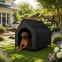 Belviona hondenbed met dak, verhoogd hondenbed voor tuin, terras en balkon, waterafstotend en belastbaar tot 80 kg, 130x85x113 cm, zwart