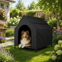 Belviona hondenbed met dak, verhoogd hondenbed voor tuin, terras en balkon, waterafstotend en geschikt voor honden tot 60 kg, 110x75x105 cm, zwart